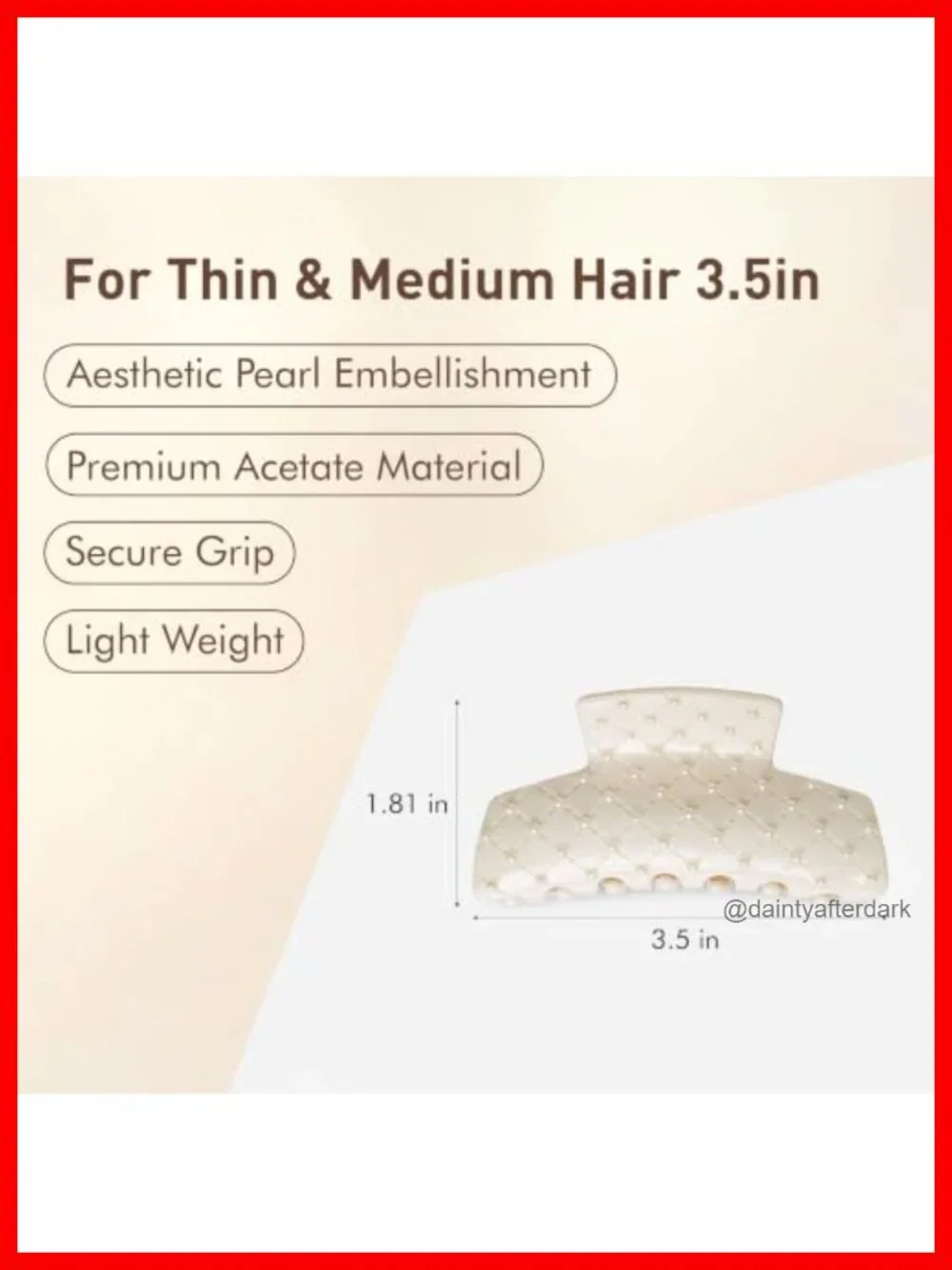 Rectangular Claw Clip with Pearl Beads, Secure Grip for Thin to Medium Hair